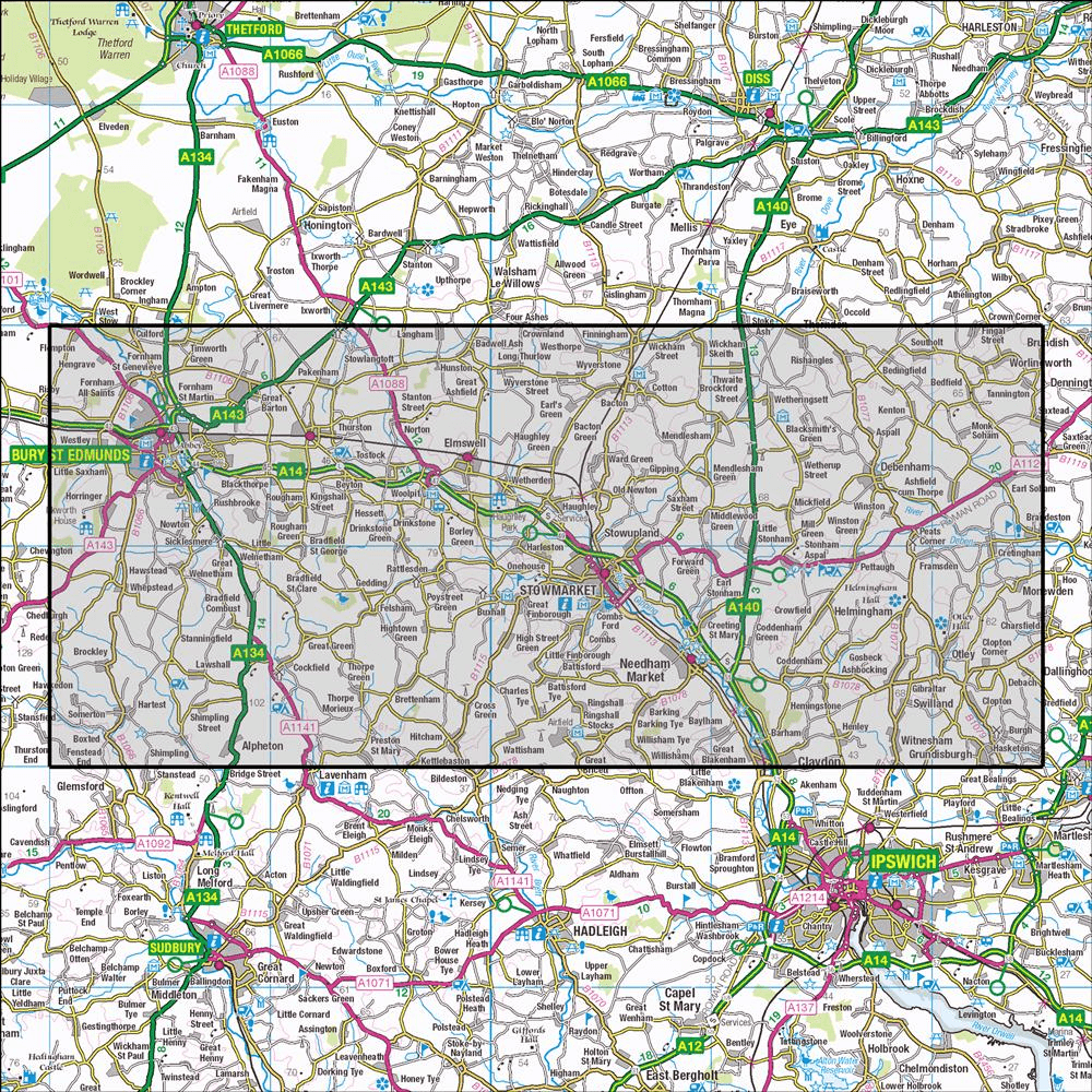 Outdoor Map Navigator image showing the area of the 1:25,000 scale Ordnance Survey Explorer map 211 Bury St Edmunds & Stowmarket