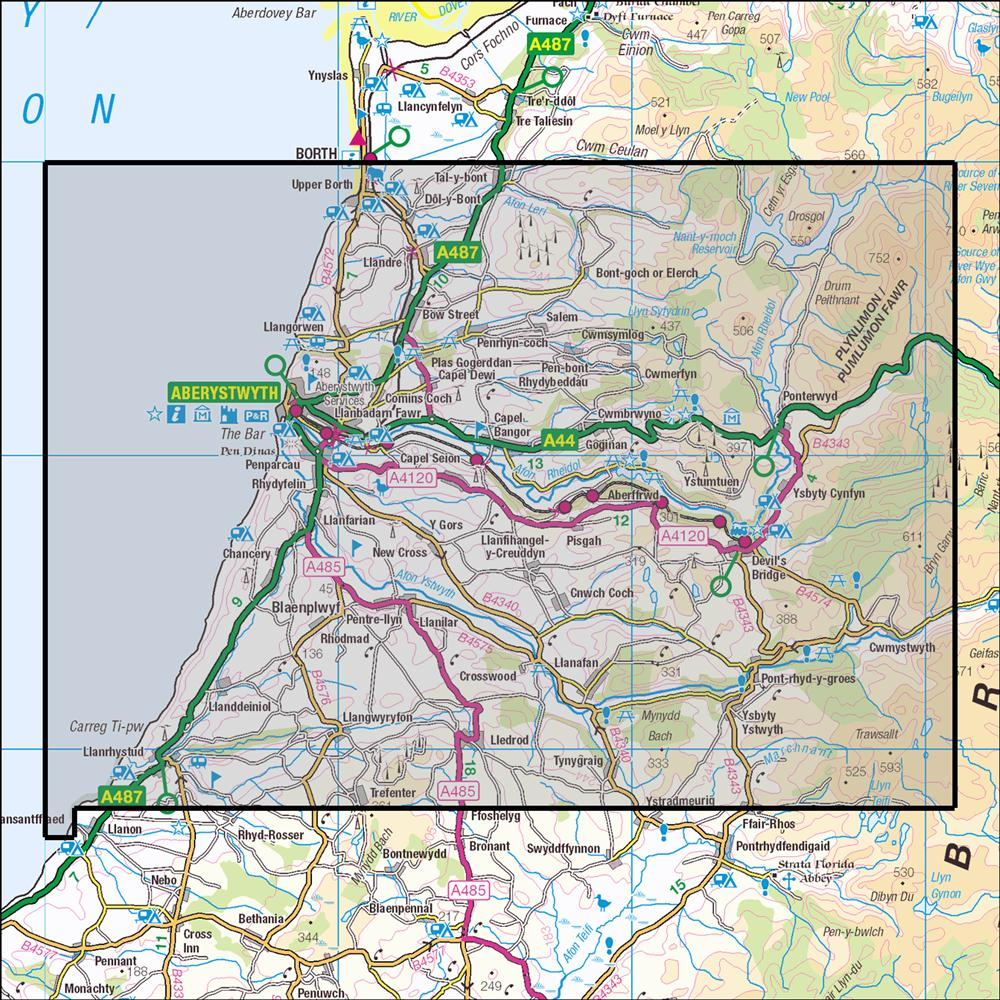 Outdoor Map Navigator image showing the area of the 1:25,000 scale Ordnance Survey Explorer map 213 Aberystwyth & Cwm Rheidol