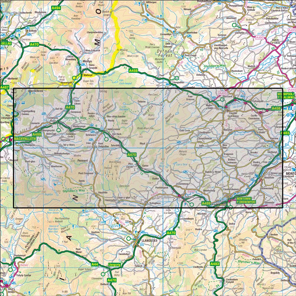 Outdoor Map Navigator image showing the area of the 1:25,000 scale Ordnance Survey Explorer map 215 Newtown & Machynlleth