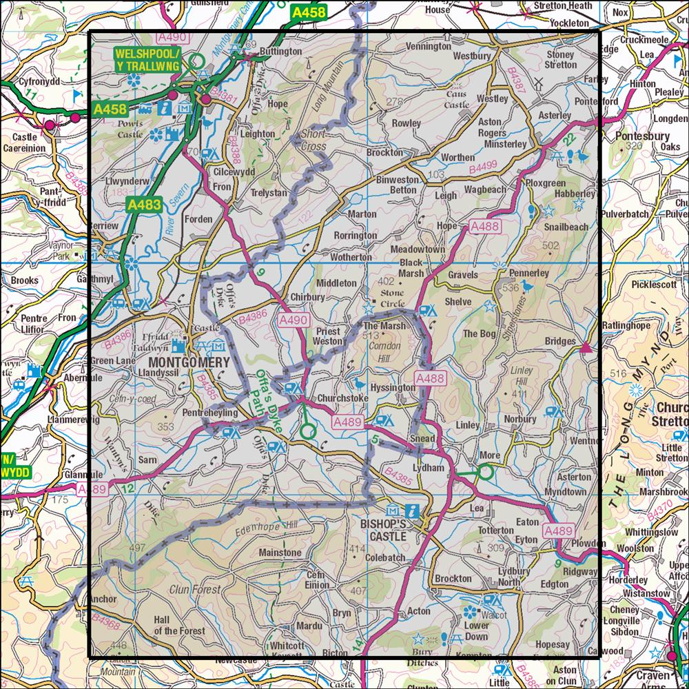 Outdoor Map Navigator image showing the area of the 1:25,000 scale Ordnance Survey Explorer map 216 Welshpool & Montgomery