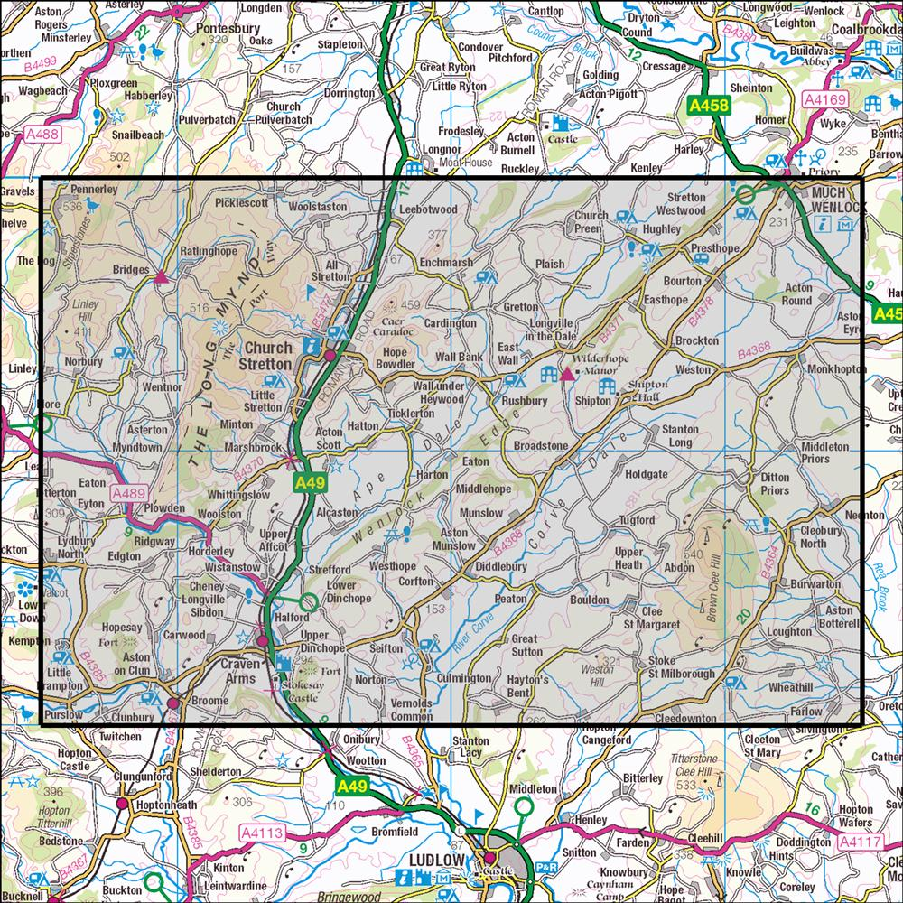 Outdoor Map Navigator image showing the area of the 1:25,000 scale Ordnance Survey Explorer map 217 The Long Mynd & Wenlock Edge