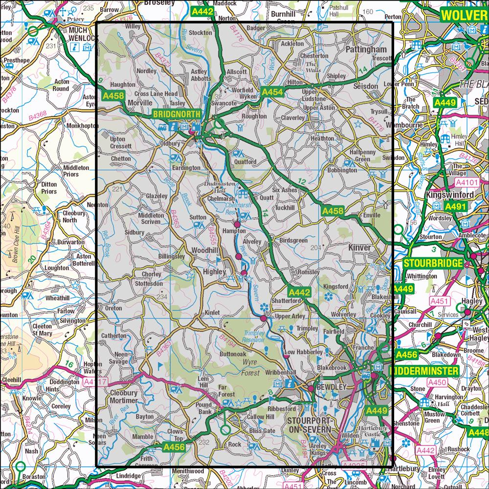 Outdoor Map Navigator image showing the area of the 1:25,000 scale Ordnance Survey Explorer map 218 Kidderminster & Wyre Forest