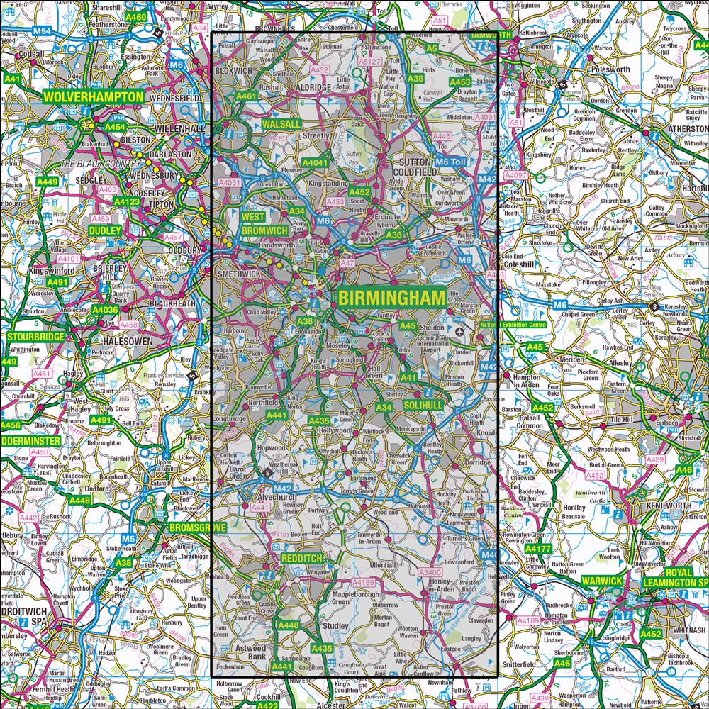 Outdoor Map Navigator image showing the area of the 1:25,000 scale Ordnance Survey Explorer map 220 Birmingham