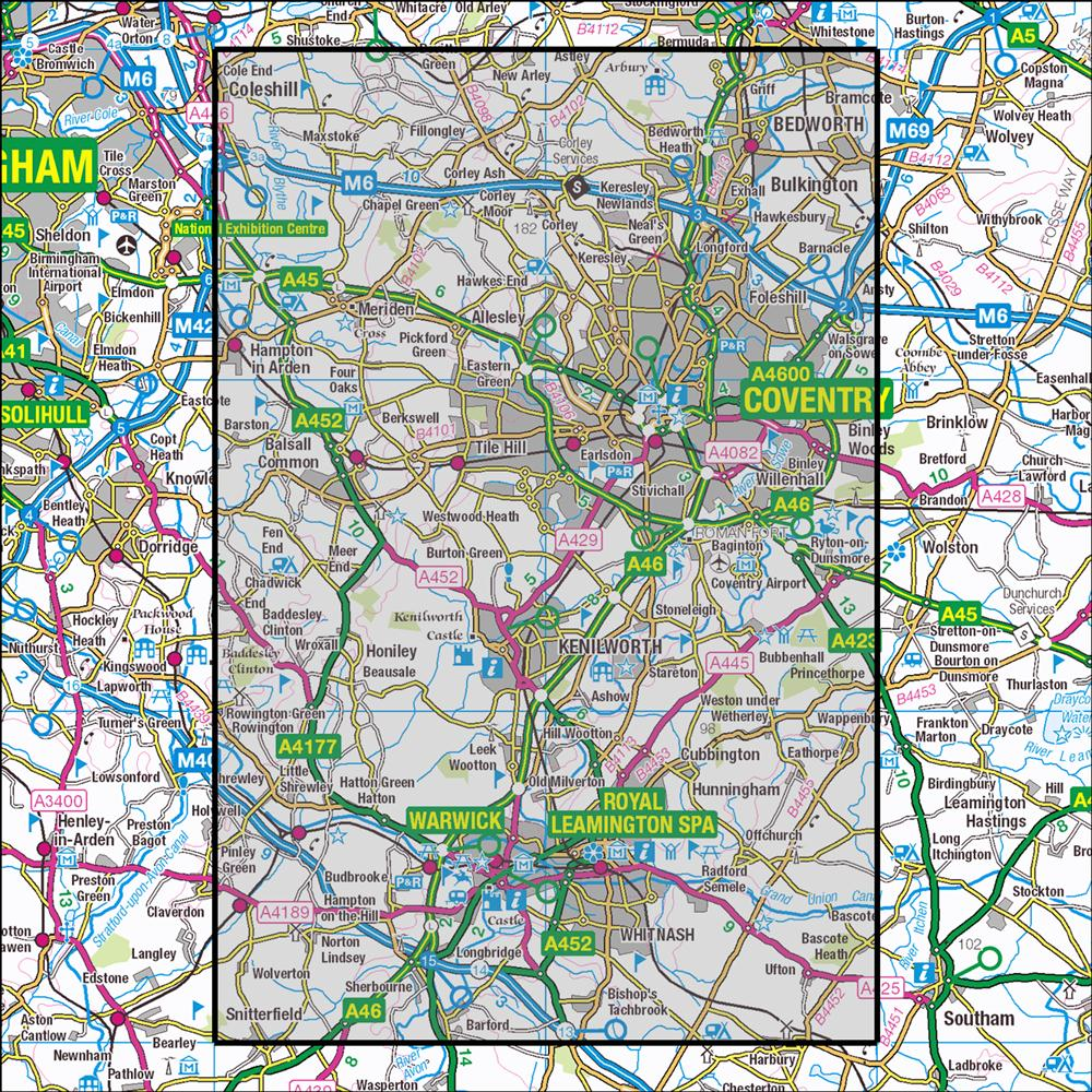Outdoor Map Navigator image showing the area of the 1:25,000 scale Ordnance Survey Explorer map 221 Coventry & Warwick