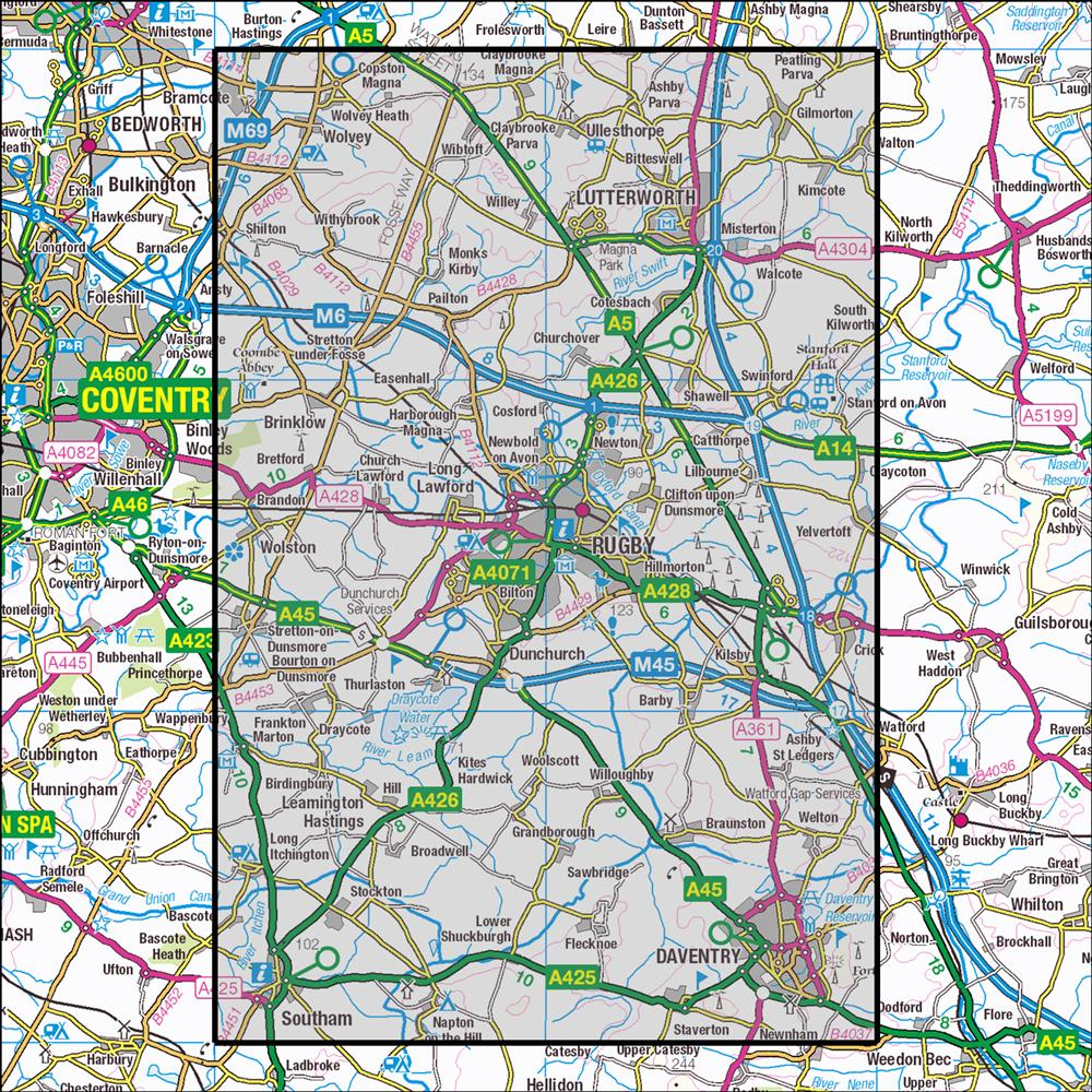 Outdoor Map Navigator image showing the area of the 1:25,000 scale Ordnance Survey Explorer map 222 Rugby & Daventry