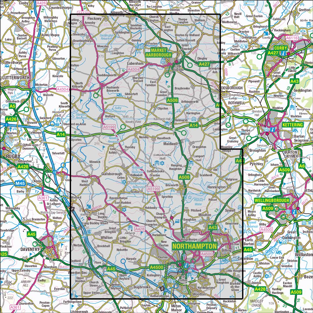 Outdoor Map Navigator image showing the area of the 1:25,000 scale Ordnance Survey Explorer map 223 Northampton & Market Harborough