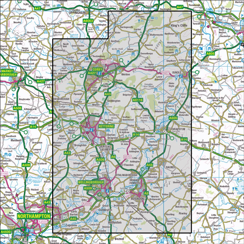 Outdoor Map Navigator image showing the area of the 1:25,000 scale Ordnance Survey Explorer map 224 Corby, Kettering & Wellingborough