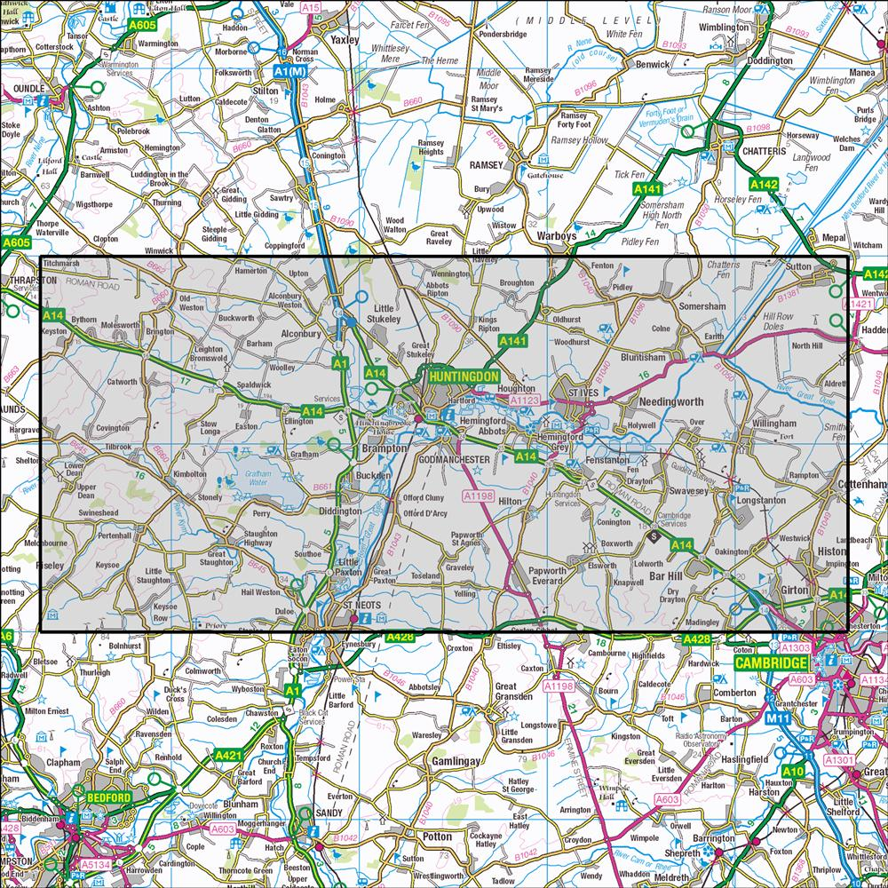 Outdoor Map Navigator image showing the area of the 1:25,000 scale Ordnance Survey Explorer map 225 Huntingdon & St Ives