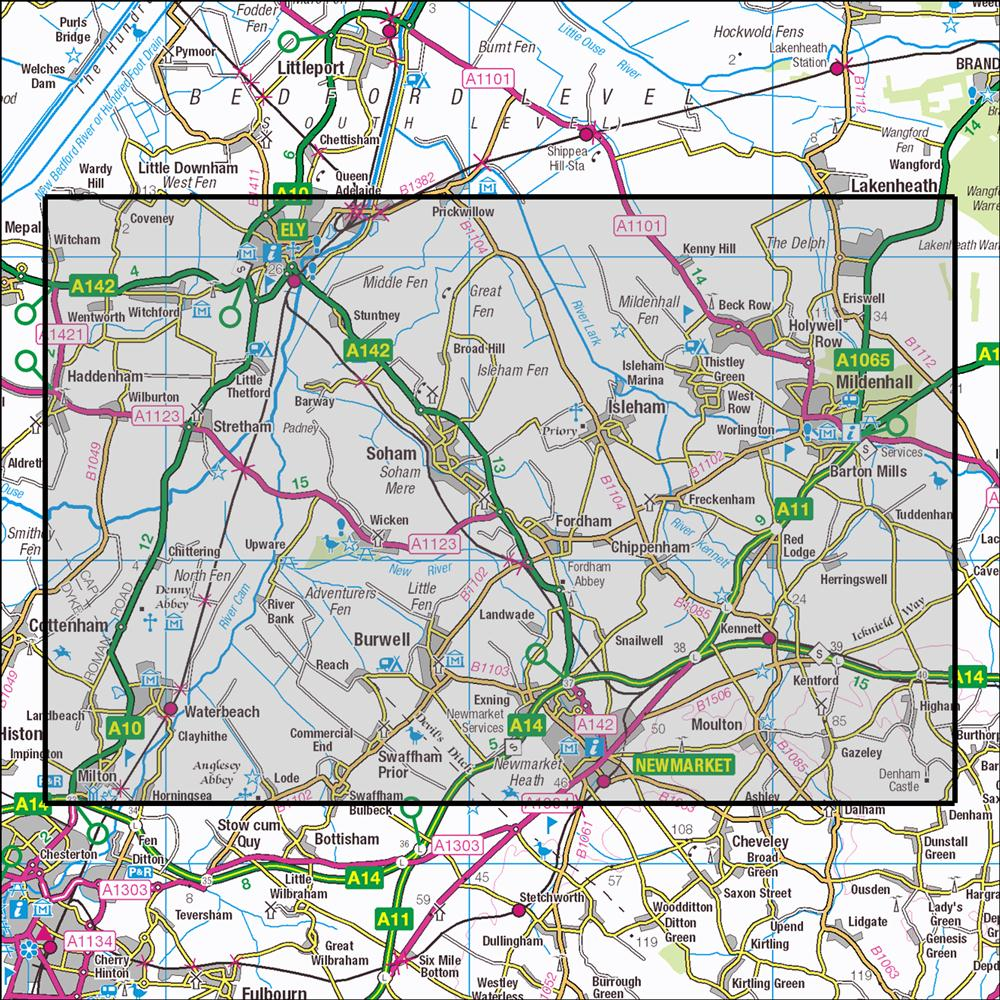Outdoor Map Navigator image showing the area of the 1:25,000 scale Ordnance Survey Explorer map 226 Ely & Newmarket
