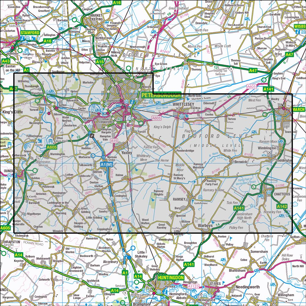 Outdoor Map Navigator image showing the area of the 1:25,000 scale Ordnance Survey Explorer map 227 Peterborough
