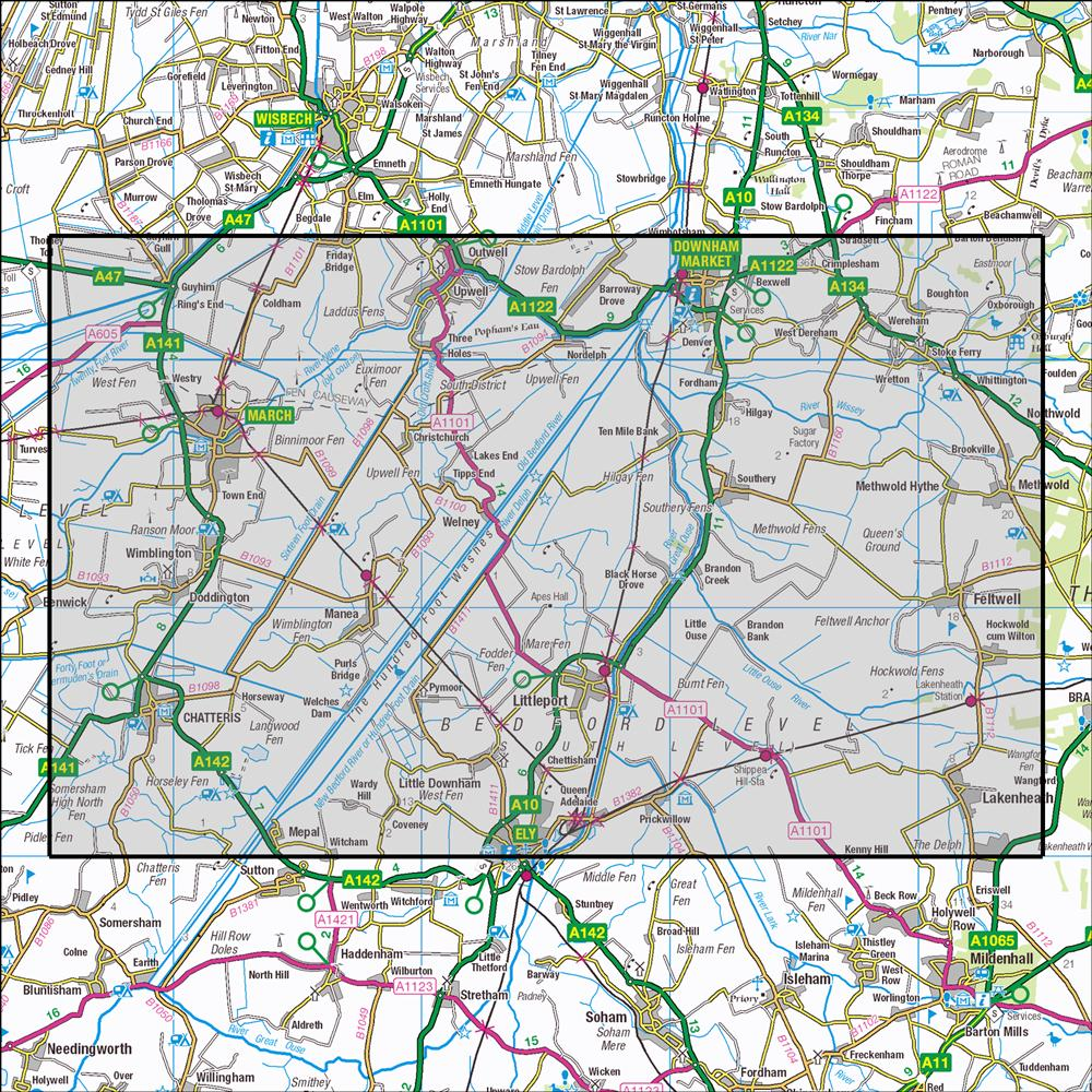 Outdoor Map Navigator image showing the area of the 1:25,000 scale Ordnance Survey Explorer map 228 March & Ely
