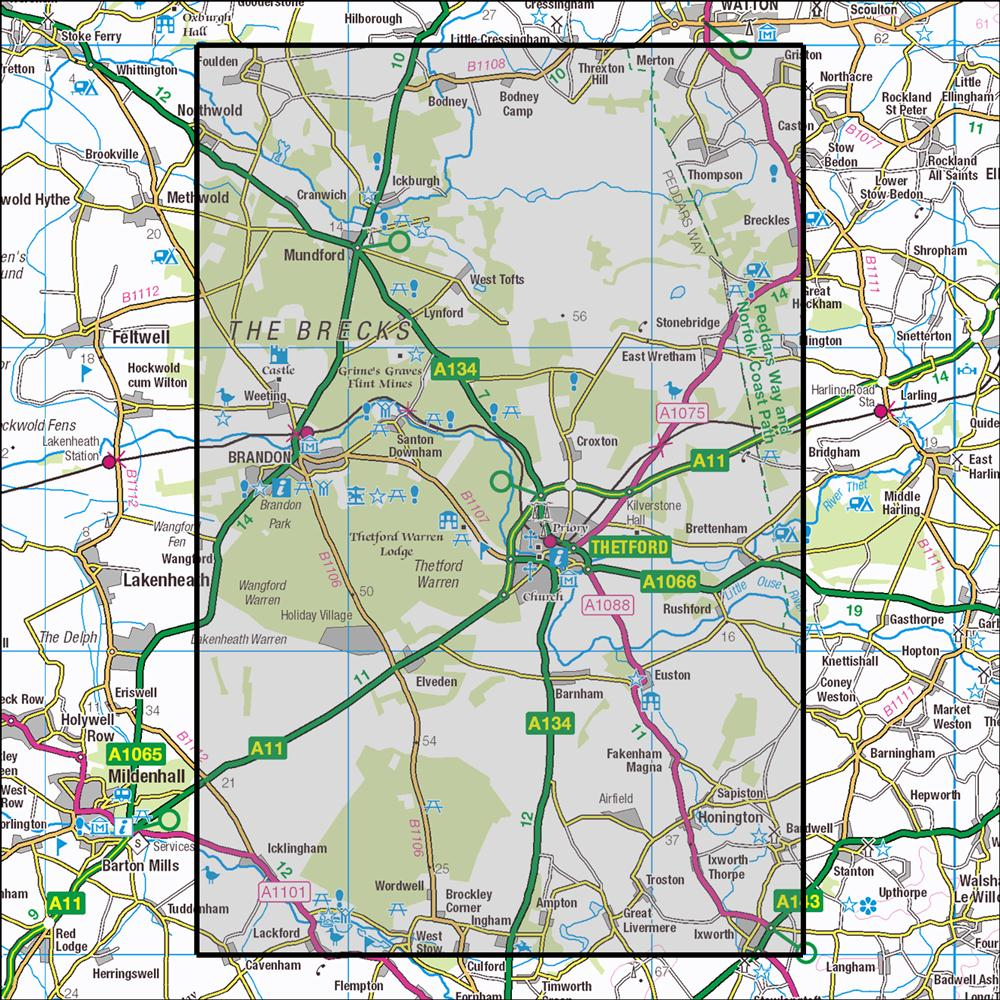 Outdoor Map Navigator image showing the area of the 1:25,000 scale Ordnance Survey Explorer map 229 Thetford Forest in The Brecks