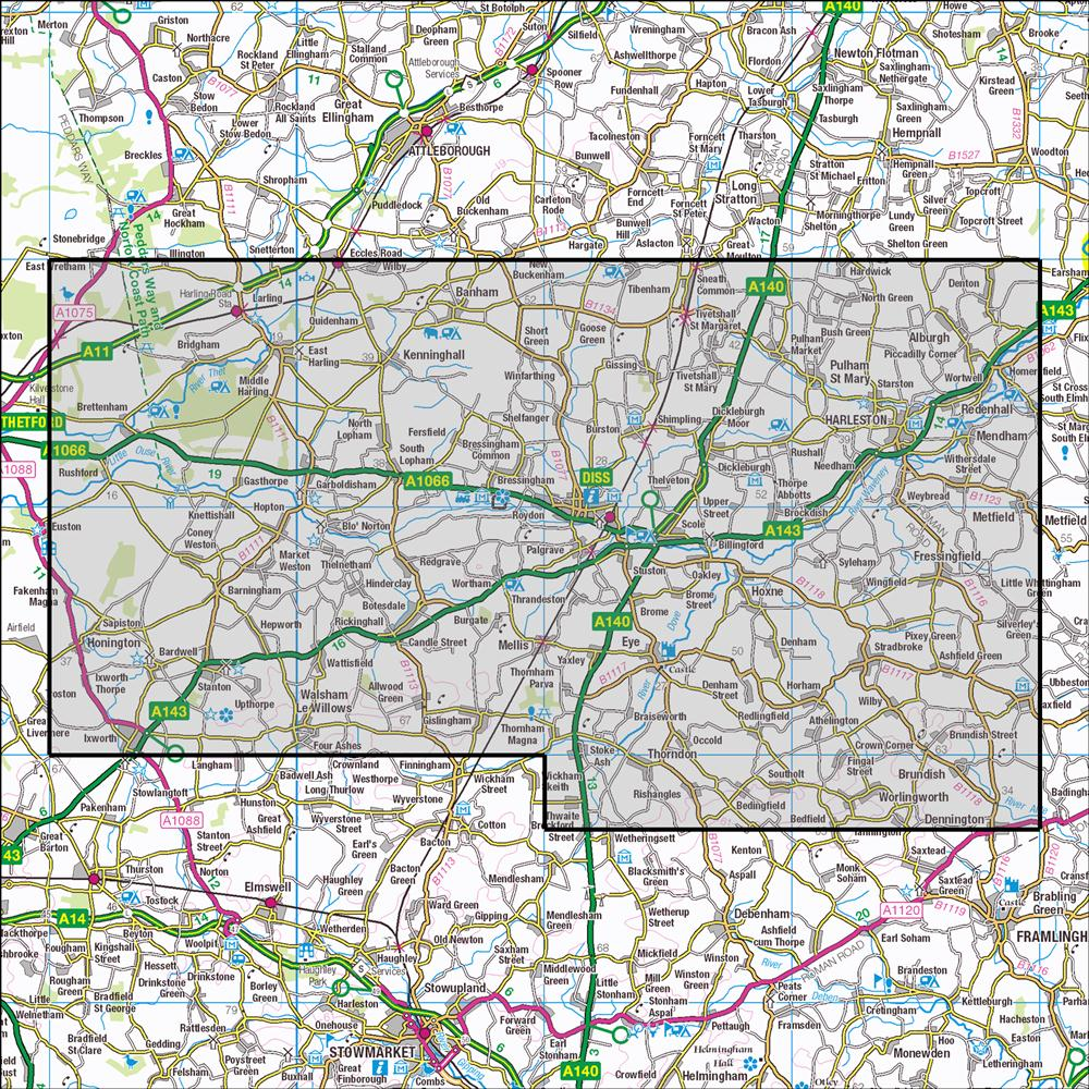 Outdoor Map Navigator image showing the area of the 1:25,000 scale Ordnance Survey Explorer map 230 Diss & Harleston