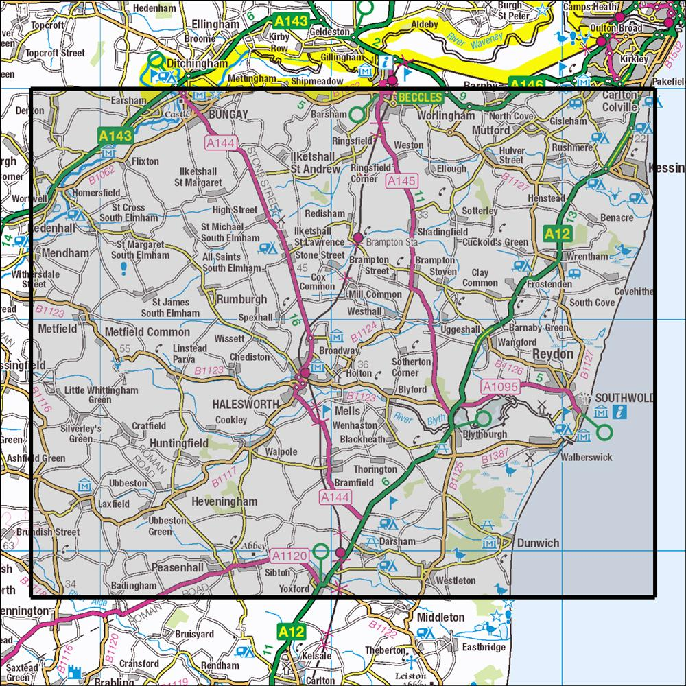 Outdoor Map Navigator image showing the area of the 1:25,000 scale Ordnance Survey Explorer map 231 Southwold & Bungay
