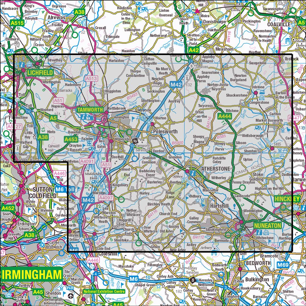 Outdoor Map Navigator image showing the area of the 1:25,000 scale Ordnance Survey Explorer map 232 Nuneaton & Tamworth