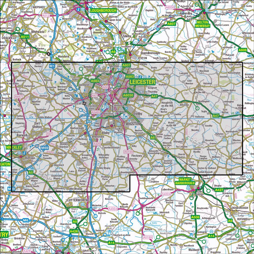 Outdoor Map Navigator image showing the area of the 1:25,000 scale Ordnance Survey Explorer map 233 Leicester & Hinckley