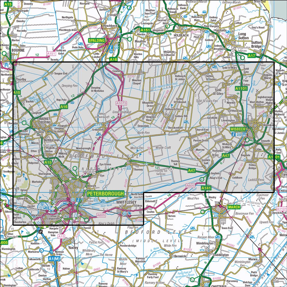 Outdoor Map Navigator image showing the area of the 1:25,000 scale Ordnance Survey Explorer map 235 Wisbech & Peterborough North