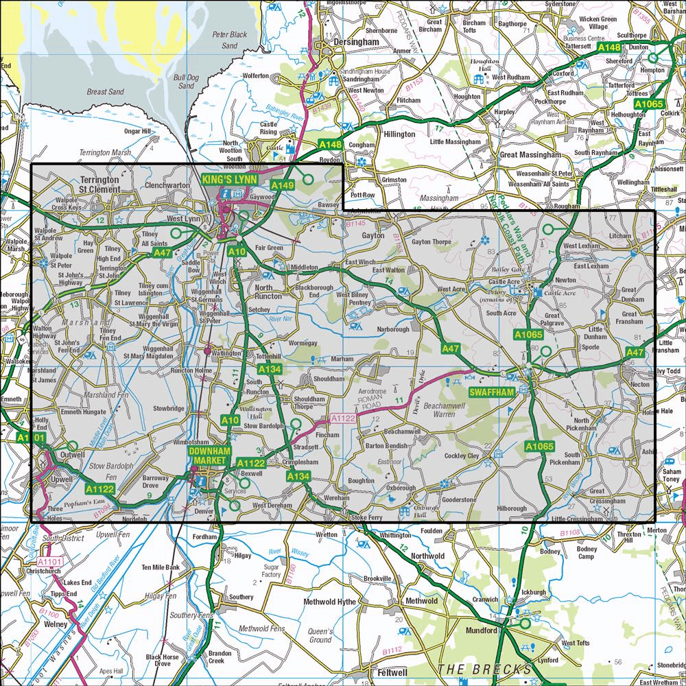 Outdoor Map Navigator image showing the area of the 1:25,000 scale Ordnance Survey Explorer map 236 Kings Lynn , Downham Market & Swaffham