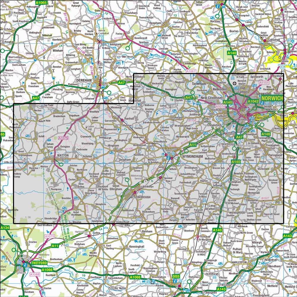 Outdoor Map Navigator image showing the area of the 1:25,000 scale Ordnance Survey Explorer map 237 Norwich