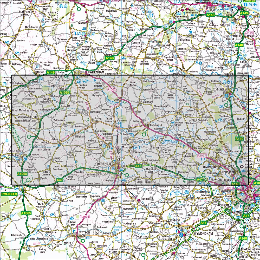 Outdoor Map Navigator image showing the area of the 1:25,000 scale Ordnance Survey Explorer map 238 East Dereham & Aylsham