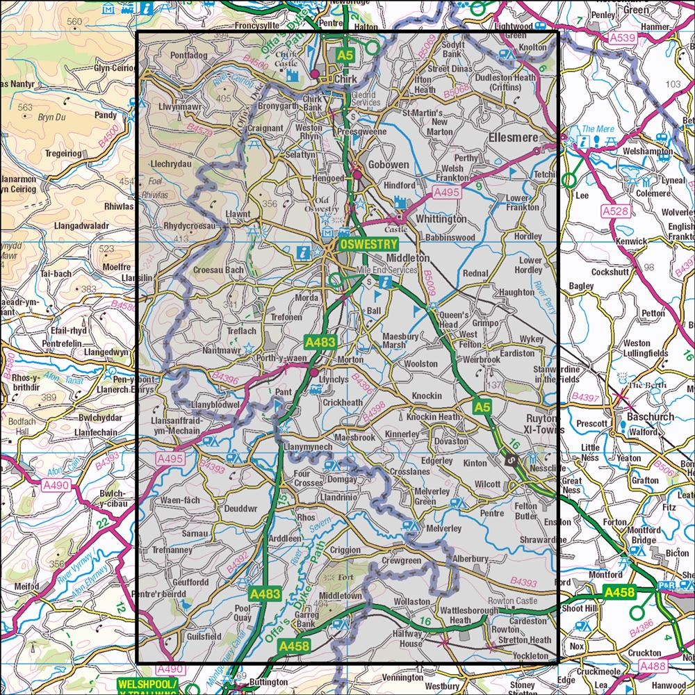 Outdoor Map Navigator image showing the area of the 1:25,000 scale Ordnance Survey Explorer map 240 Oswestry