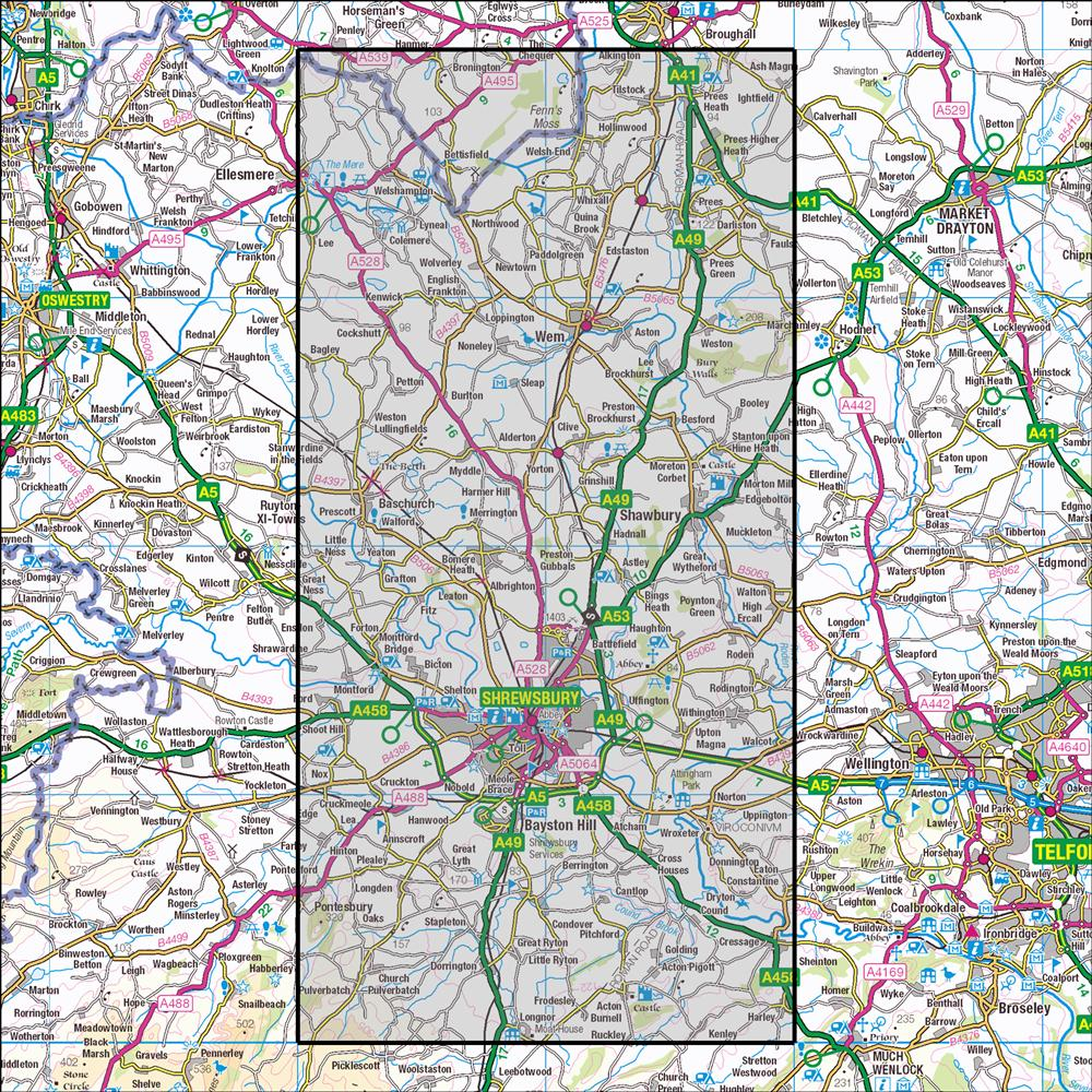 Outdoor Map Navigator image showing the area of the 1:25,000 scale Ordnance Survey Explorer map 241 Shrewsbury