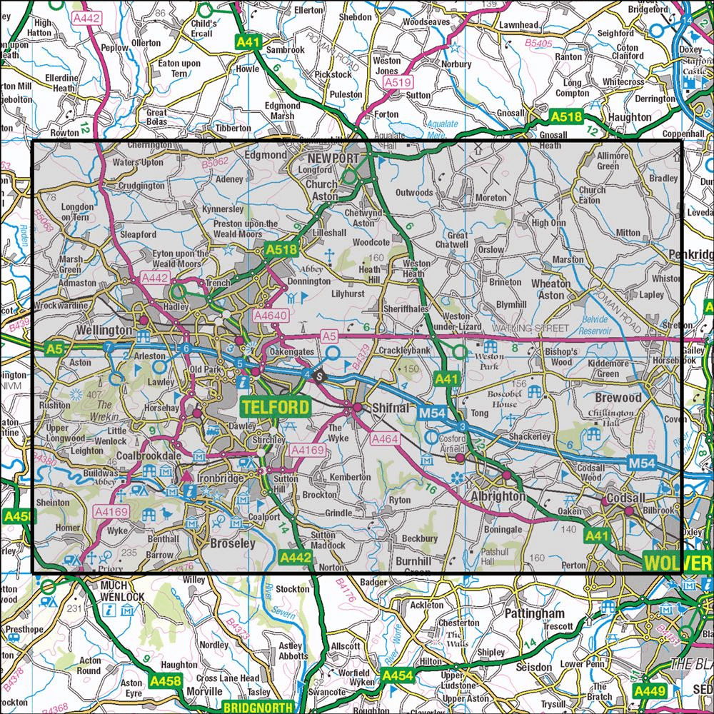 Outdoor Map Navigator image showing the area of the 1:25,000 scale Ordnance Survey Explorer map 242 Telford, Ironbridge & The Wrekin