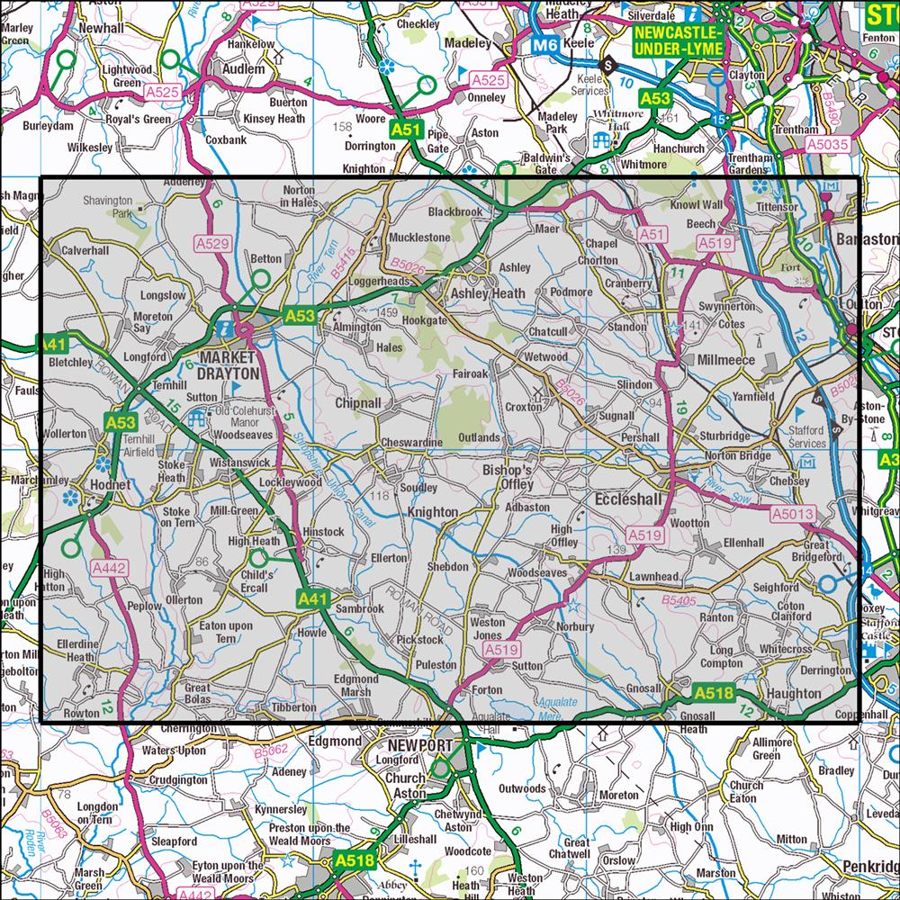 Outdoor Map Navigator image showing the area of the 1:25,000 scale Ordnance Survey Explorer map 243 Market Drayton