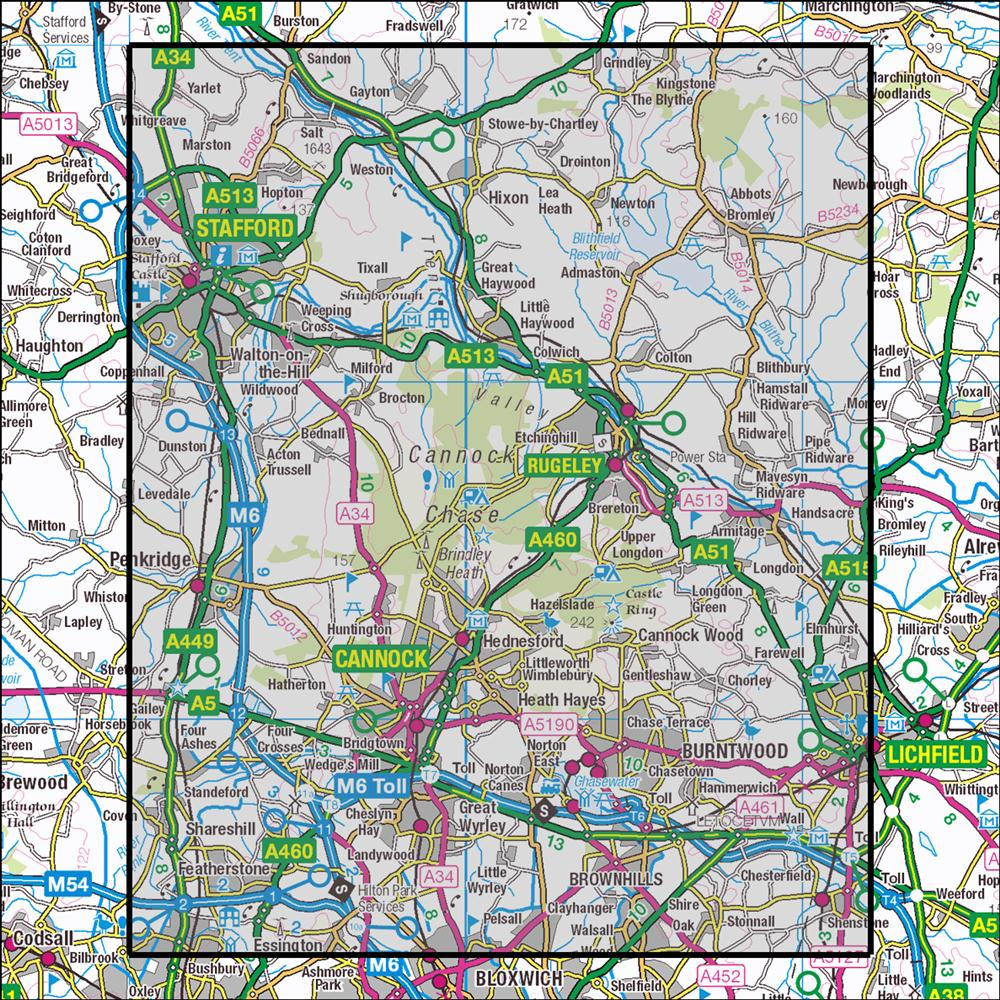 Outdoor Map Navigator image showing the area of the 1:25,000 scale Ordnance Survey Explorer map 244 Cannock Chase & Chasewater