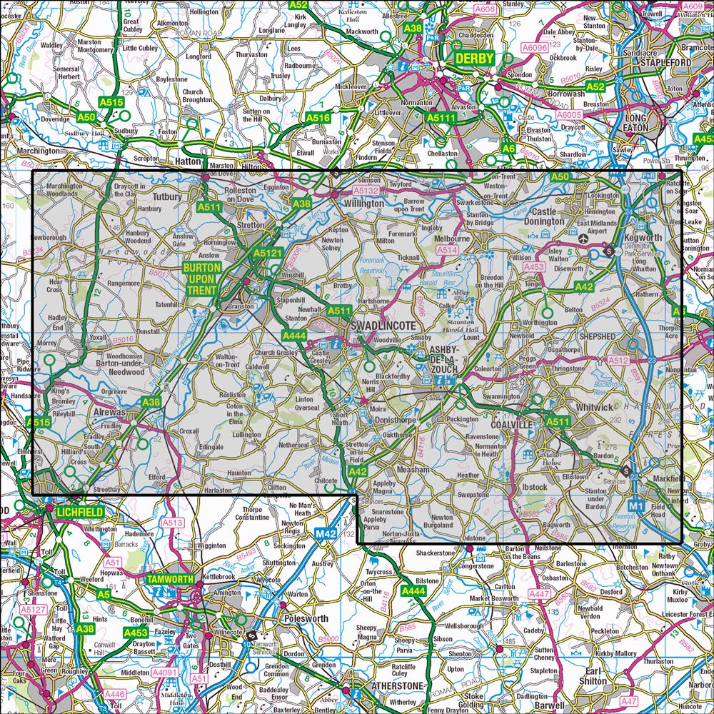 Outdoor Map Navigator image showing the area of the 1:25,000 scale Ordnance Survey Explorer map 245 The National Forest