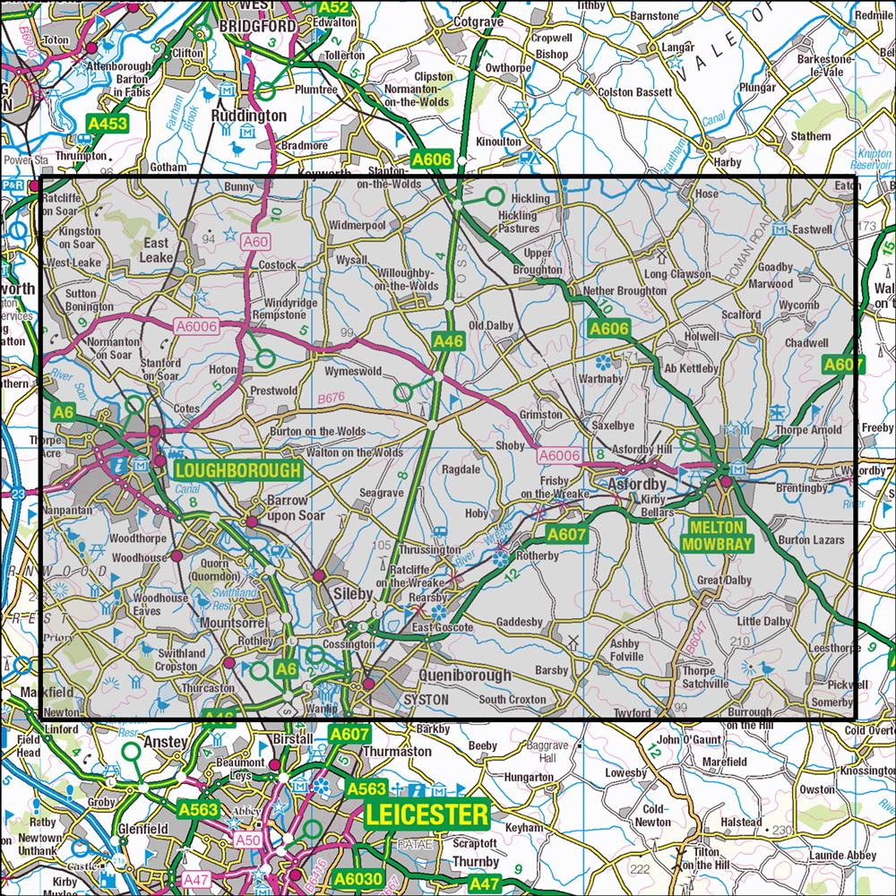 Outdoor Map Navigator image showing the area of the 1:25,000 scale Ordnance Survey Explorer map 246 Loughborough