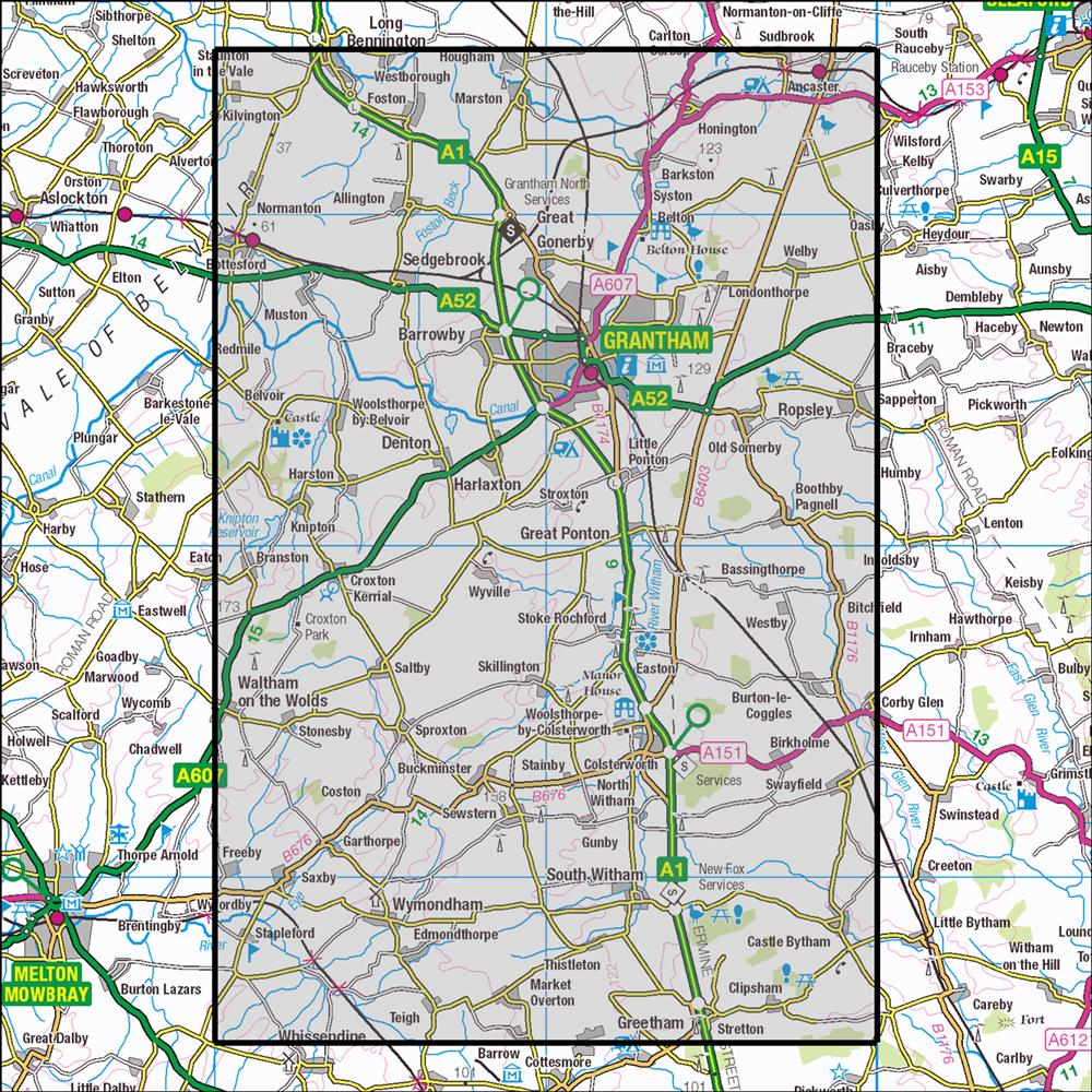 Outdoor Map Navigator image showing the area of the 1:25,000 scale Ordnance Survey Explorer map 247 Grantham
