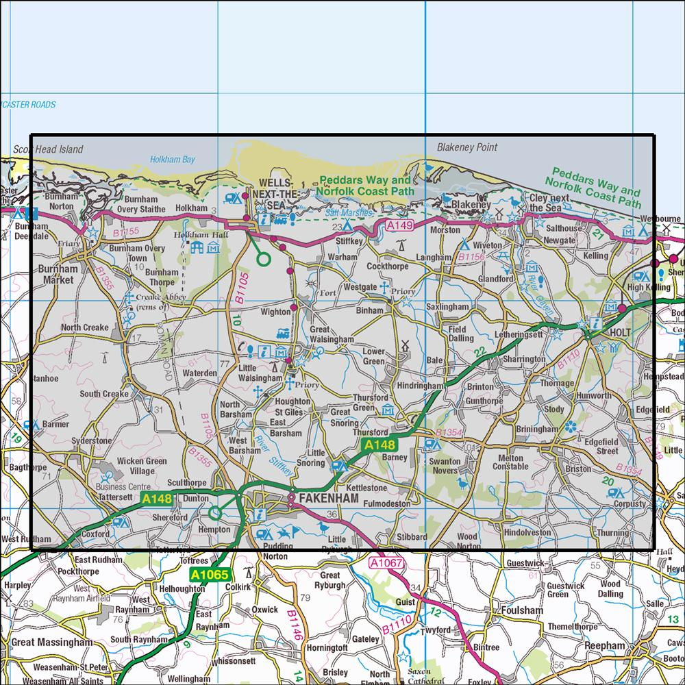 Outdoor Map Navigator image showing the area of the 1:25,000 scale Ordnance Survey Explorer map 251 Norfolk Coast Central