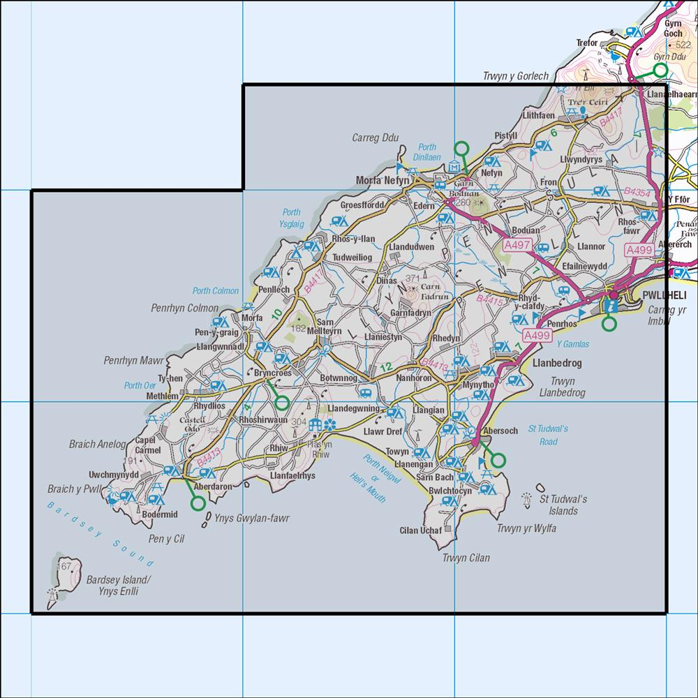 Outdoor Map Navigator image showing the area of the 1:25,000 scale Ordnance Survey Explorer map 253 Lleyn Peninsula West