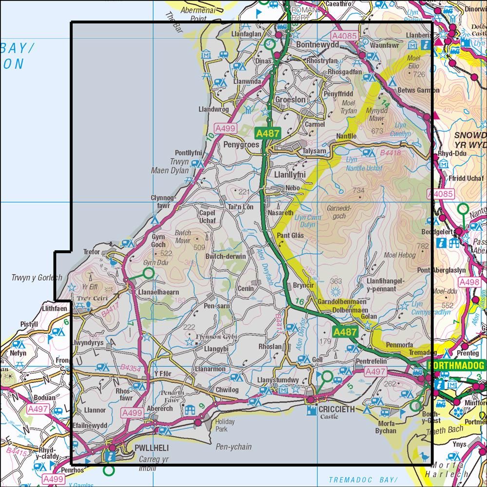 Outdoor Map Navigator image showing the area of the 1:25,000 scale Ordnance Survey Explorer map 254 Lleyn Peninsula East