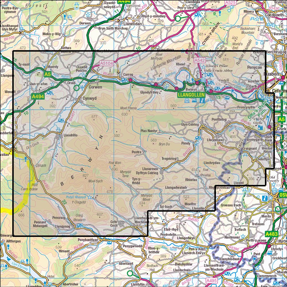 Outdoor Map Navigator image showing the area of the 1:25,000 scale Ordnance Survey Explorer map 255 Llangollen & Berwyn