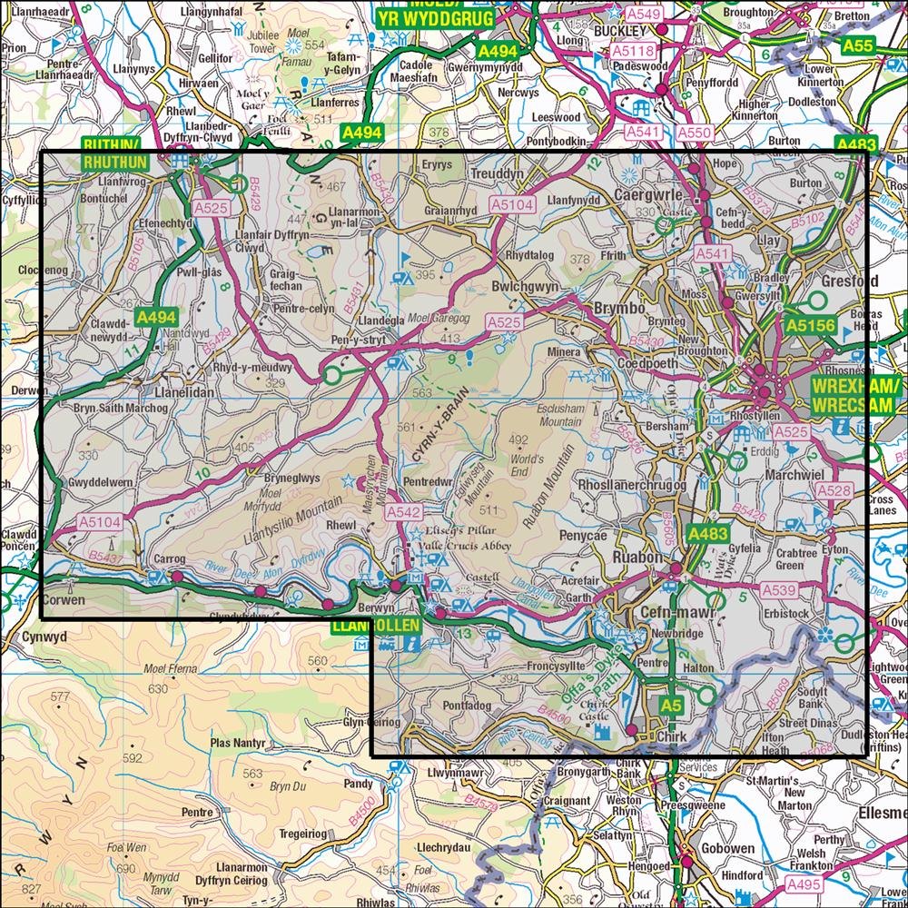 Outdoor Map Navigator image showing the area of the 1:25,000 scale Ordnance Survey Explorer map 256 Wrexham & Llangollen