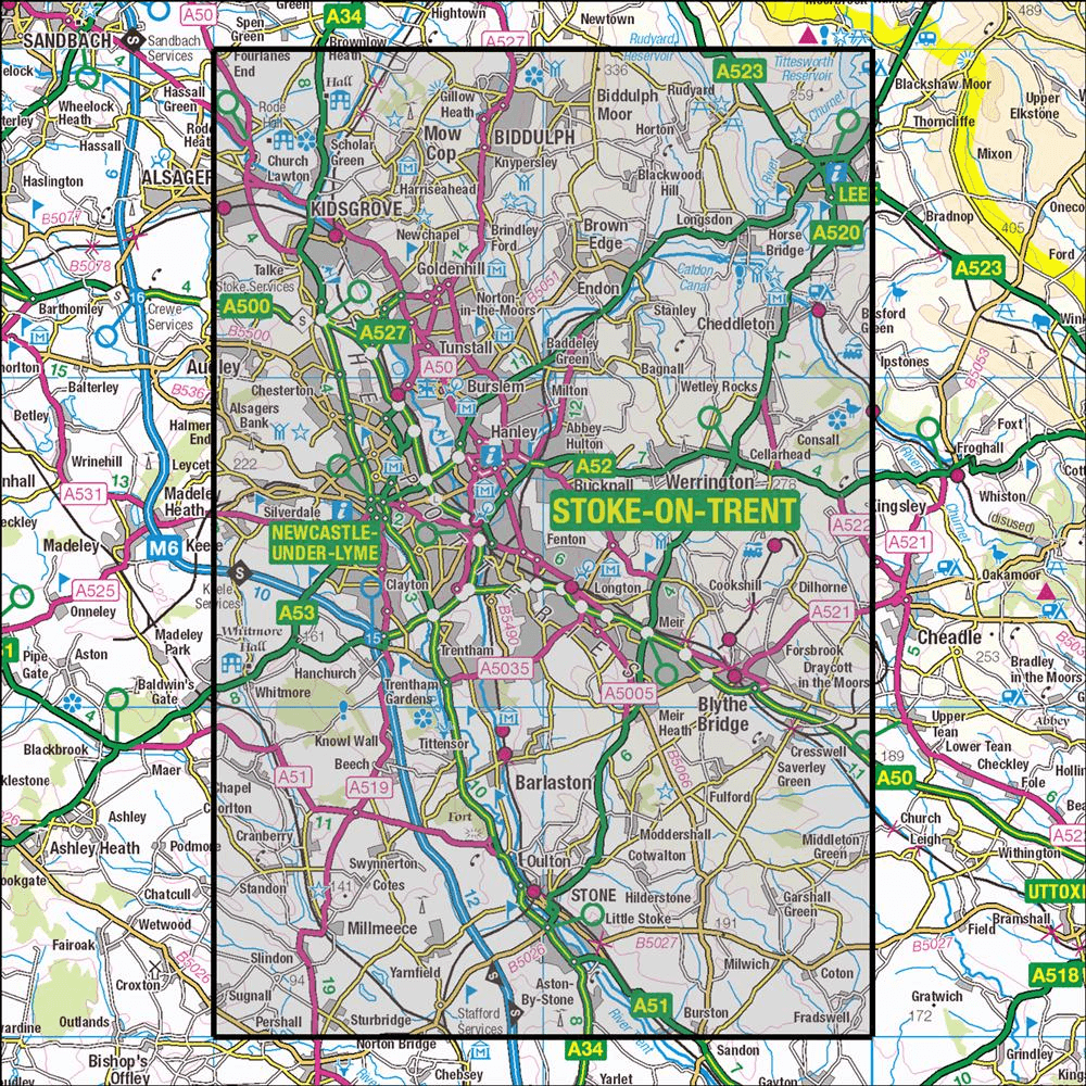 Outdoor Map Navigator image showing the area of the 1:25,000 scale Ordnance Survey Explorer map 258 Stoke-on-Trent & Newcastle-under-Lyme