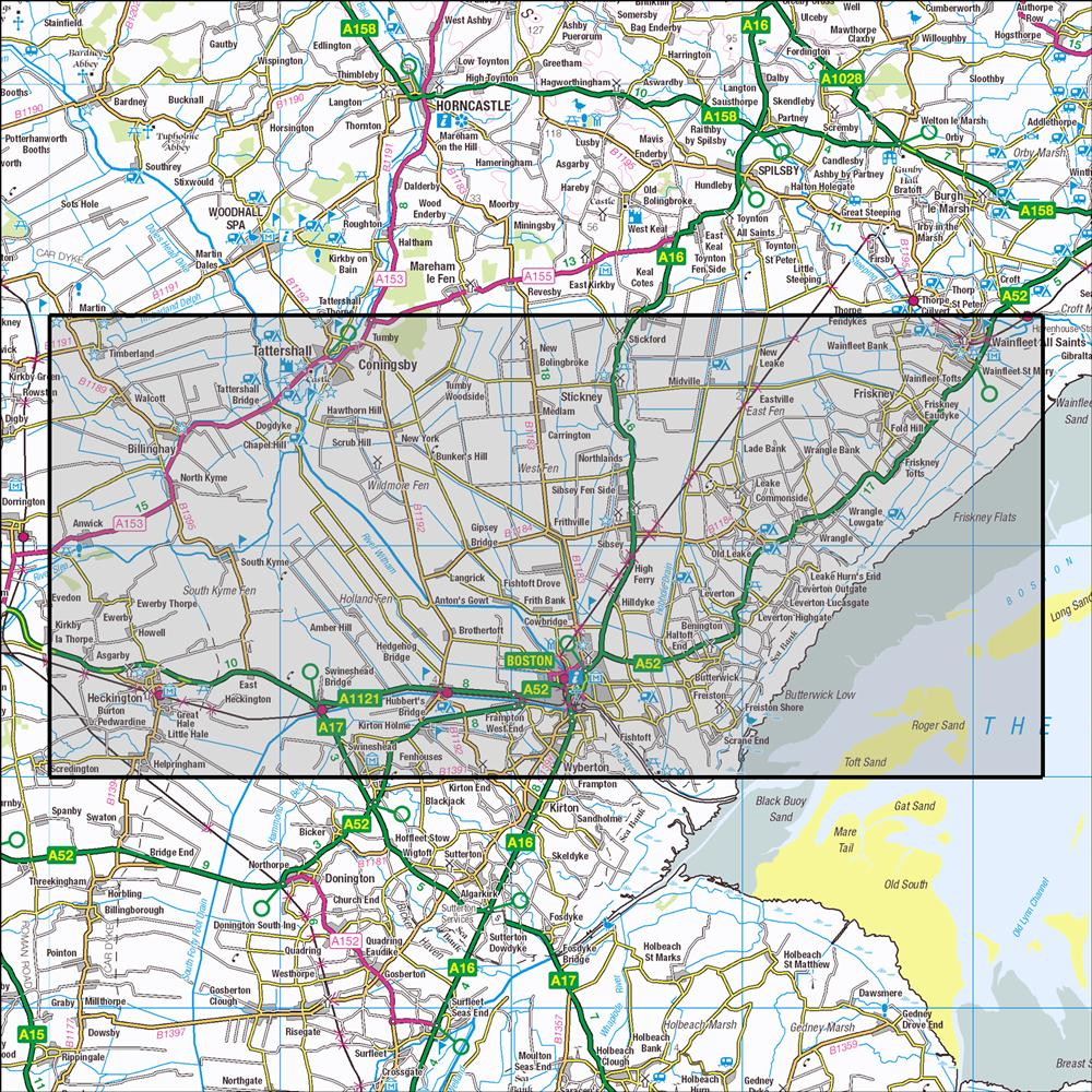 Outdoor Map Navigator image showing the area of the 1:25,000 scale Ordnance Survey Explorer map 261 Boston