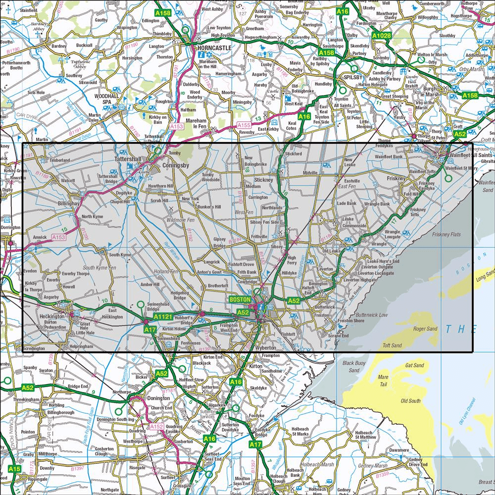 Outdoor Map Navigator image showing the area of the 1:25,000 scale Ordnance Survey Explorer map 261 Boston