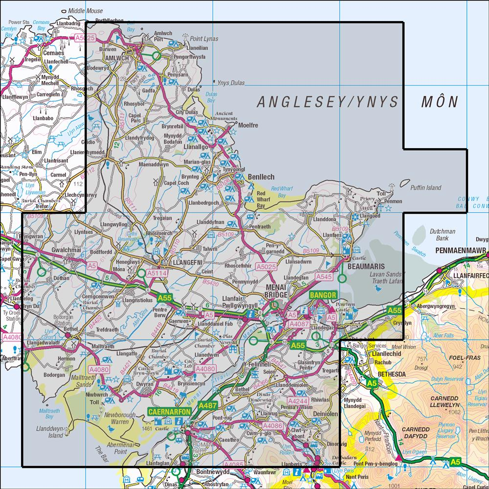 Outdoor Map Navigator image showing the area of the 1:25,000 scale Ordnance Survey Explorer map 263 Anglesey East