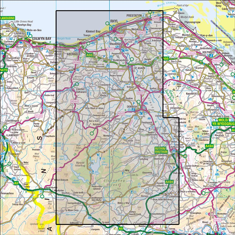 Outdoor Map Navigator image showing the area of the 1:25,000 scale Ordnance Survey Explorer map 264 Vale of Clwyd