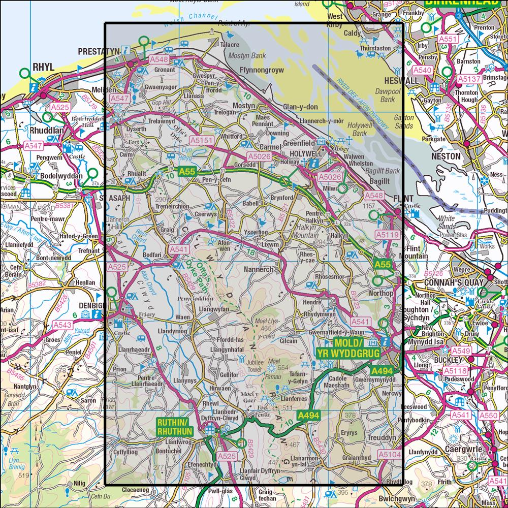 Outdoor Map Navigator image showing the area of the 1:25,000 scale Ordnance Survey Explorer map 265 Clwydian Hills