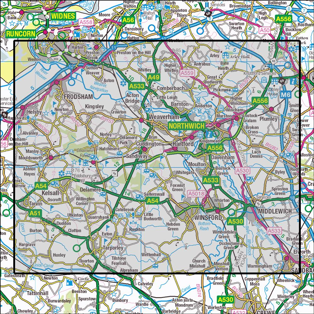 Outdoor Map Navigator image showing the area of the 1:25,000 scale Ordnance Survey Explorer map 267 Northwich & Delamere Forest