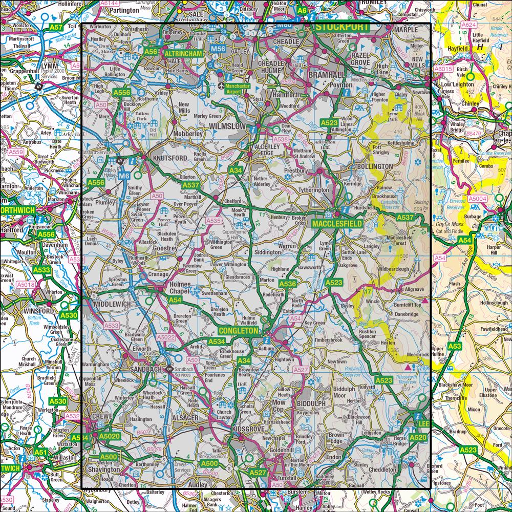 Outdoor Map Navigator image showing the area of the 1:25,000 scale Ordnance Survey Explorer map 268 Wilmslow, Macclesfield & Congleton