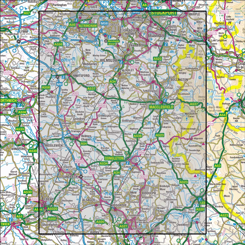 Outdoor Map Navigator image showing the area of the 1:25,000 scale Ordnance Survey Explorer map 268 Wilmslow, Macclesfield & Congleton