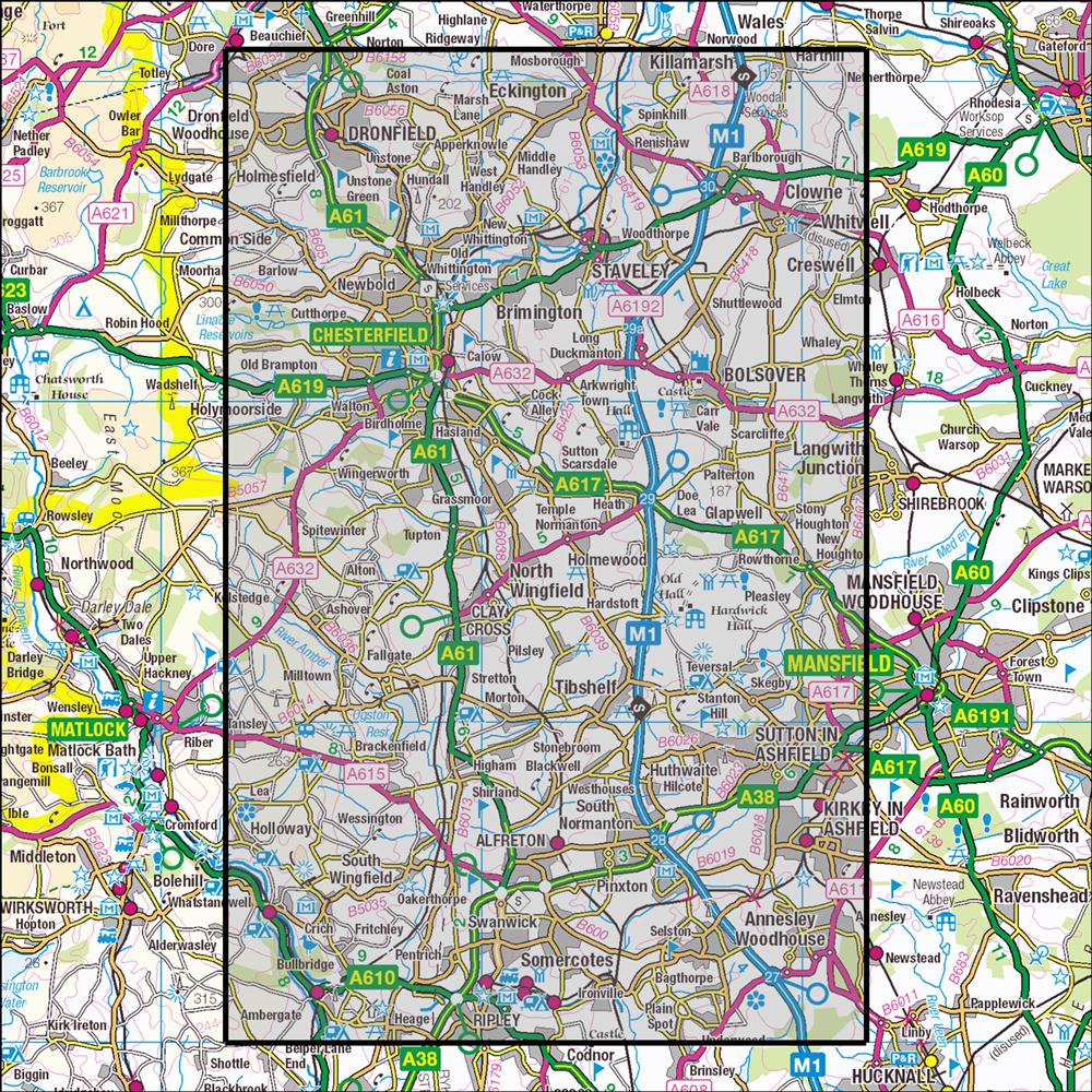 Outdoor Map Navigator image showing the area of the 1:25,000 scale Ordnance Survey Explorer map 269 Chesterfield & Alfreton