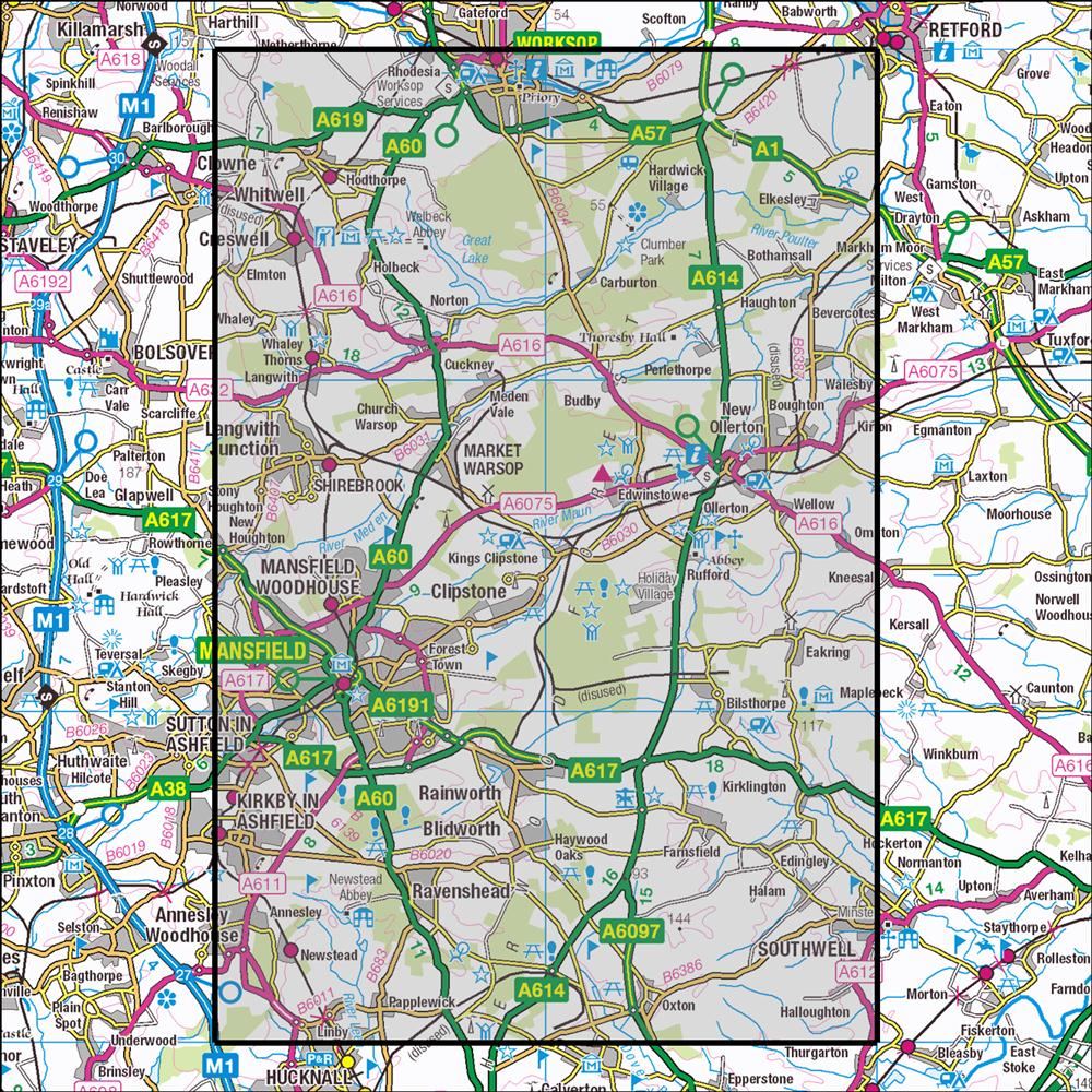 Outdoor Map Navigator image showing the area of the 1:25,000 scale Ordnance Survey Explorer map 270 Sherwood Forest