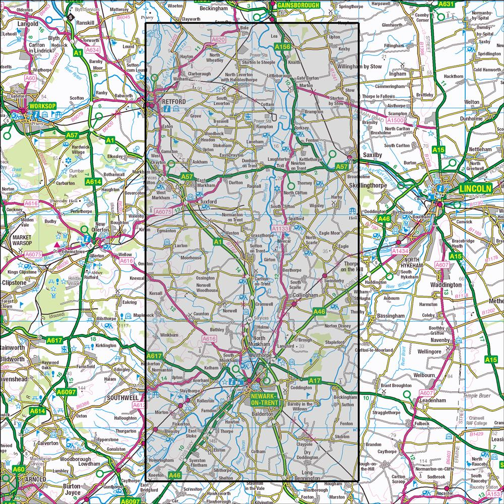 Outdoor Map Navigator image showing the area of the 1:25,000 scale Ordnance Survey Explorer map 271 Newark-on-Trent