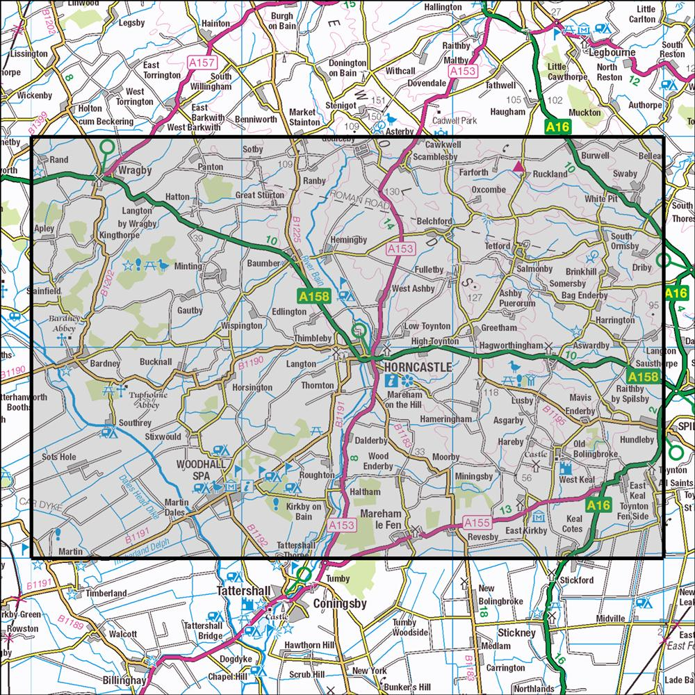 Outdoor Map Navigator image showing the area of the 1:25,000 scale Ordnance Survey Explorer map 273 Lincolnshire Wolds South